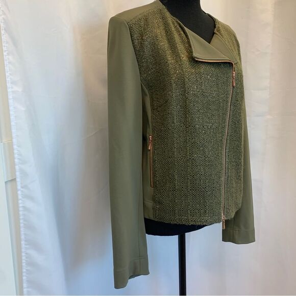 ESCADA Sport Olive Green Rose Gold tweed asymmetrical zipper moto jacket Sz 40 - Picture 2 of 9